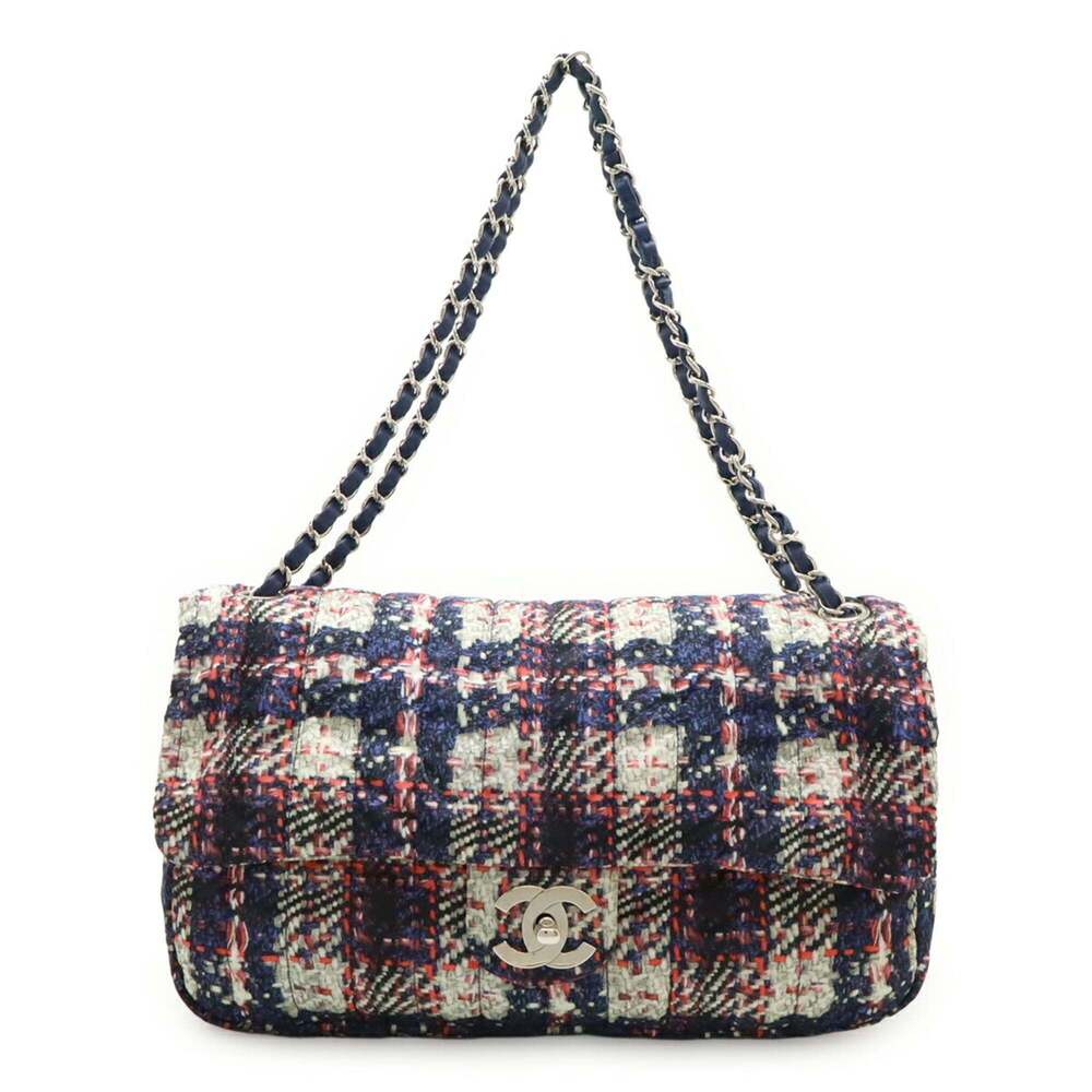 CHANEL Tweed Print Coco Mark Chain Shoulder Bag, Nylon, Navy, Handbag (Pouch ...